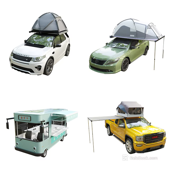 Camping Site Featuring SUV Caravan Pickup and Sedan with Roof Tents and Sunshades 3d model 