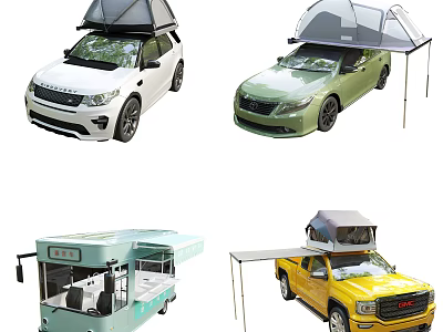 Camping Site Featuring SUV Caravan Pickup and Sedan with Roof Tents and Sunshades 3d model