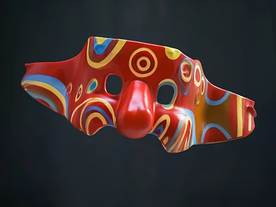 Red Doll Mask Featuring Colorful Circles Curves Big Nose And Eye Holes 3d model