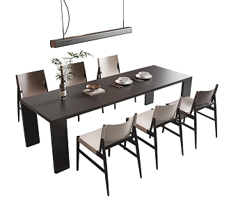 Modern Dining Table and Chair Combination Long Dining Table Leather Dining Chair Chandelier Green Plant Books Jewelry Ornaments 3d model