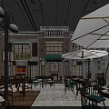 Traditional Restaurant Exterior With Brick Wall Green Awning Red Decorations And Entrance Design