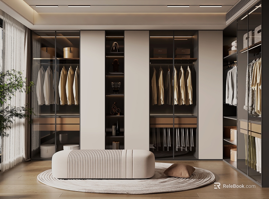 Modern Walk in Closet Interior With Glass Doors Hanging Area And Storage Cabinets 3d model 
