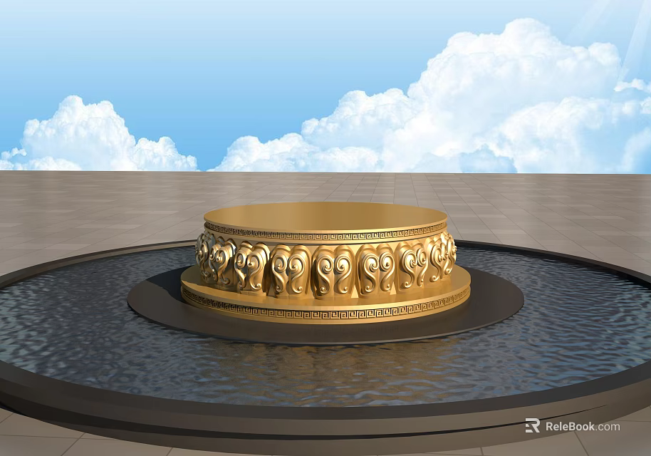 Golden Circular Sculpture Pedestal With Intricate Carved Patterns On Water Surface Against Blue Sky And Gray Floor 3d model 