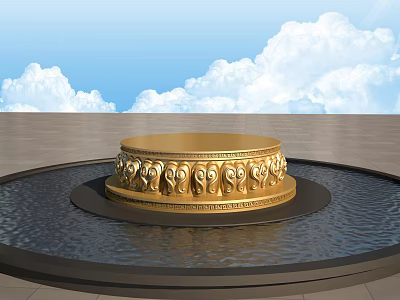 Golden Circular Sculpture Pedestal With Intricate Carved Patterns On Water Surface Against Blue Sky And Gray Floor 3d model