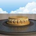 Golden Circular Sculpture Pedestal With Intricate Carved Patterns On Water Surface Against Blue Sky And Gray Floor