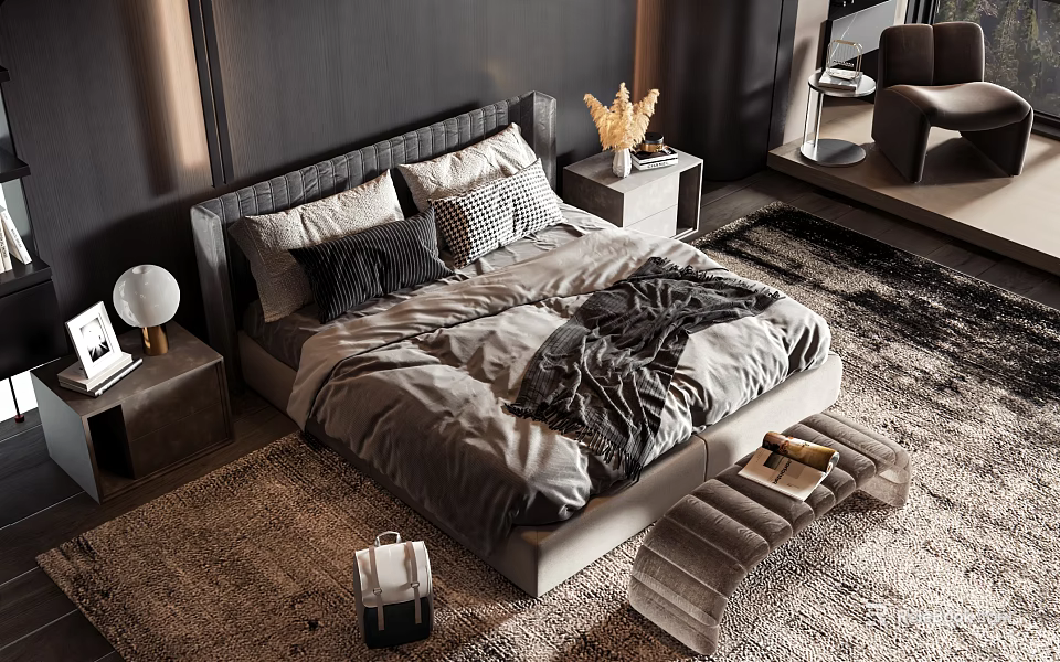 Modern Double Bed with Soft Bedding Decorative Pillows Bedside Tables and Rug 3d model 