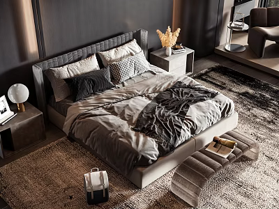 Modern Double Bed with Soft Bedding Decorative Pillows Bedside Tables and Rug 3d model