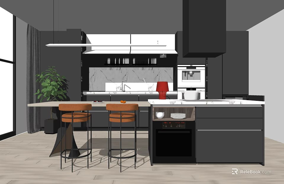 Modern Kitchen Interior With Marble Island Counter Bar Stools And Cabinets 3d model
