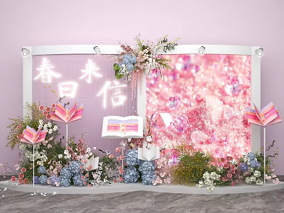 Spring Letter Themed Photo Check-in Spot With Pink Background And Floral Book Decorations 3d model