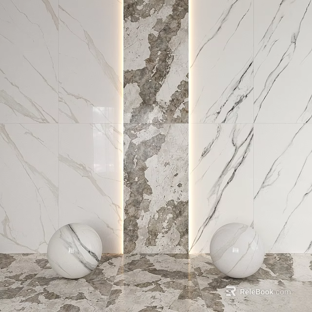 Marble Wall Design Featuring Central Column LED Lighting And White Decorative Spheres 3d model