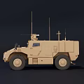 Beige All-Terrain Military Armored Vehicle with Antennas and Roof-Mounted Weapon System