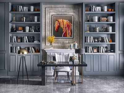 Elegant Modern Desk With Gray Bookshelves Books Colorful Horse Painting And Yellow Flowers 3d model