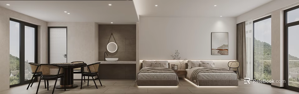 Minimalist Hotel Guest Room Interior With Twin Beds Nightstands And Hanging Round Mirror 3d model 