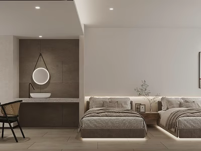 Minimalist Hotel Guest Room Interior With Twin Beds Nightstands And Hanging Round Mirror 3d model