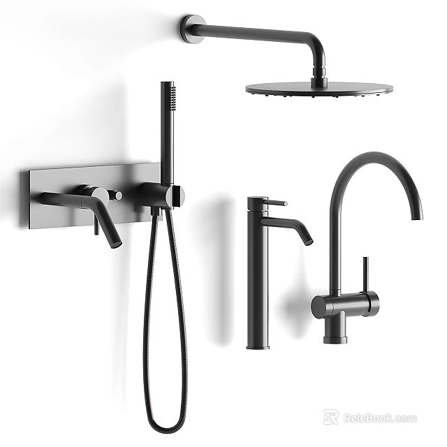 Modern Black Faucet Set for Kitchen and Shower with Stylish Design 3d model 