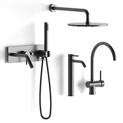 Modern Black Faucet Set for Kitchen and Shower with Stylish Design 3d model