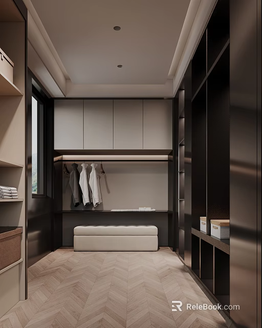 Modern Walk In Closet Interior With Cabinets Hanging Area And Bench 3d model 