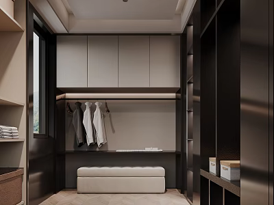 Modern Walk In Closet Interior With Cabinets Hanging Area And Bench 3d model