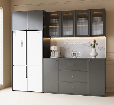 Modern Gray White Sideboard with Glass Door Storage Cabinets Drawers Coffee Machine Vase in Kitchen 3d model