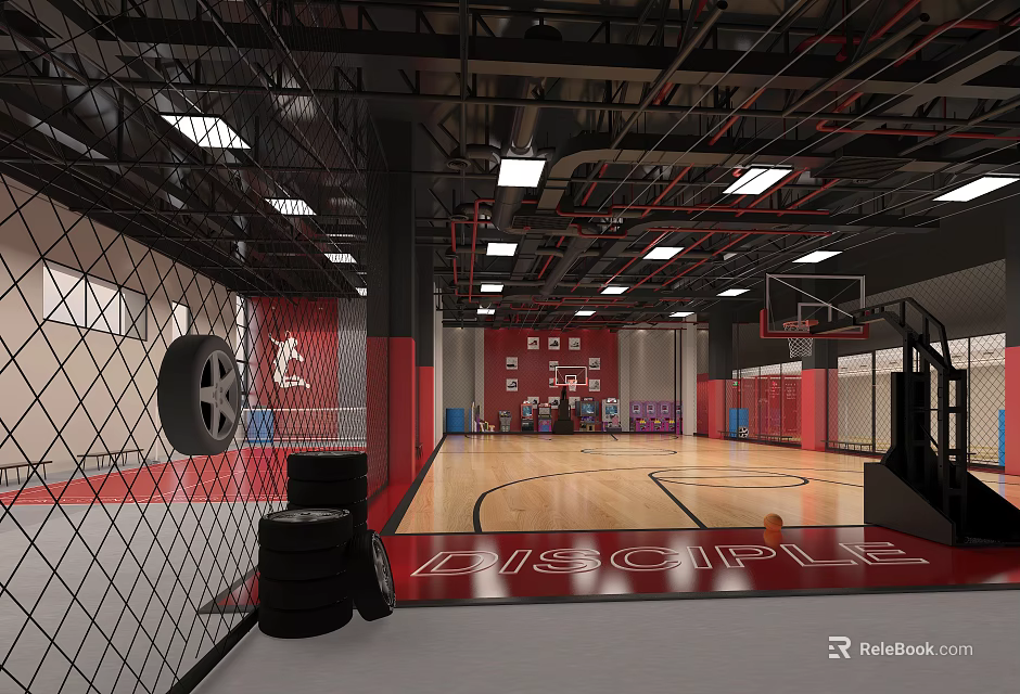 Modern Basketball Gym Interior With Wooden Floor Hoops And Training Tires 3d model 