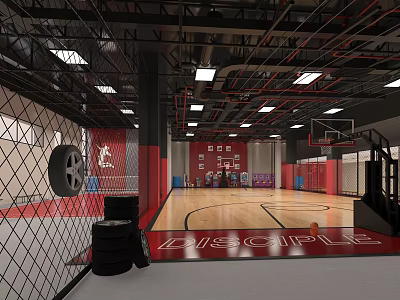 Modern Basketball Gym Interior With Wooden Floor Hoops And Training Tires 3d model