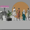 Fashion Window Display With Mannequins In Stylish Outfits Orange Sun Backdrop And Decorative Plants
