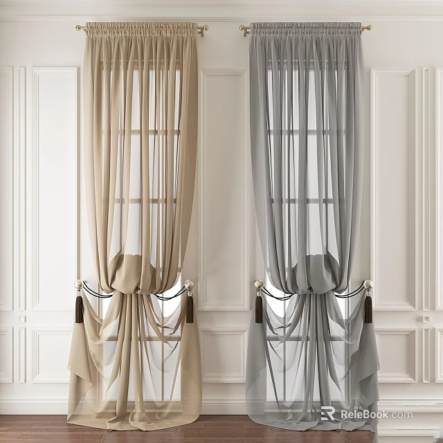Beige And Gray Double Layer Sheer Draped Pleated Curtains With Tiebacks White Wall Background 3d model 