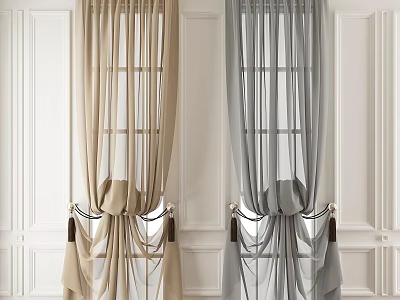 Beige And Gray Double Layer Sheer Draped Pleated Curtains With Tiebacks White Wall Background 3d model