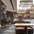 Modern Restaurant Interior With Wooden Decor Green Plants And Hanging Lights