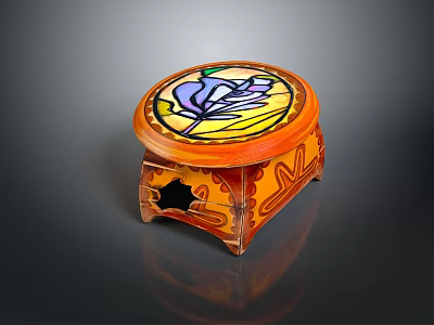 Handcrafted Wooden Stool With Round Stained Glass Top And Carved Details 3d model