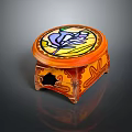 Handcrafted Wooden Stool With Round Stained Glass Top And Carved Details
