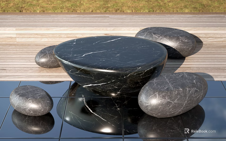 Black Marble Round Outdoor Table With Pebble Shaped Stools On Wooden Deck And Reflective Tiles 3d model 