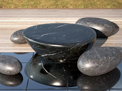 Black Marble Round Outdoor Table With Pebble Shaped Stools On Wooden Deck And Reflective Tiles 3d model