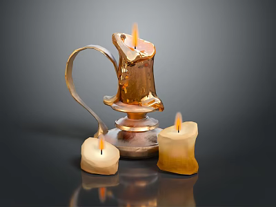 Metallic Decorative Candle Holder With Two Lit Beige Candles And Burning Flames 3d model
