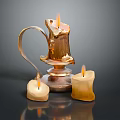 Metallic Decorative Candle Holder With Two Lit Beige Candles And Burning Flames
