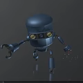 Blue Robot Character Design With Dome Head Yellow Eyes Mechanical Claw Arms And Sparks