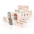 Various Architectural Building Models With Brick Structures And Window Designs