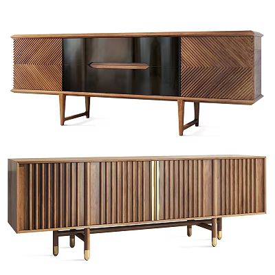 Modern Wooden TV Stand Featuring Herringbone Pattern Vertical Slats And Gold Accents 3d model