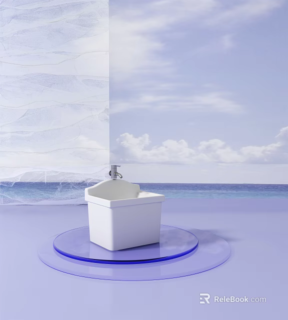 White Square Sink On Blue Circular Base With Sea View And Cloudy Sky 3d model 