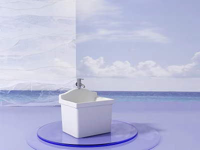 White Square Sink On Blue Circular Base With Sea View And Cloudy Sky 3d model