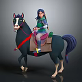 Female Character With Blue Hair In Green Outfit Riding Black Horse With White Facial Markings