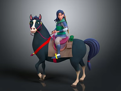 Female Character With Blue Hair In Green Outfit Riding Black Horse With White Facial Markings 3d model