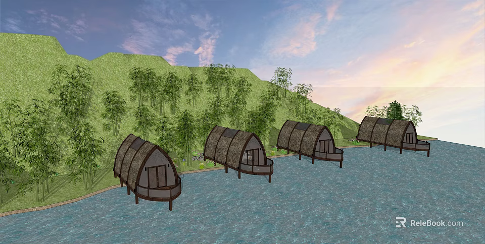 Tranquil Waterfront Bungalows With Thatched Roofs Green Hills And Sunset Sky 3d model 