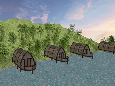 Tranquil Waterfront Bungalows With Thatched Roofs Green Hills And Sunset Sky 3d model