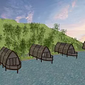 Tranquil Waterfront Bungalows With Thatched Roofs Green Hills And Sunset Sky