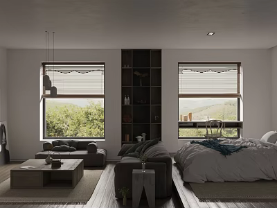 Modern Studio Apartment Interior With Sofa Bed Bookshelf And Large Windows 3d model