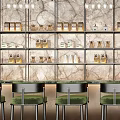Modern Bar Interior With Stone Wall Glass Bottle Shelves High Stools And Wooden Counter