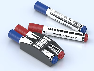 Whiteboard Markers with Blue Red Caps and Black Holder for Office Supplies 3d model