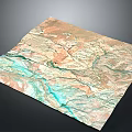 3D Geographical Terrain Model With Colored Mountain Ranges And Rivers