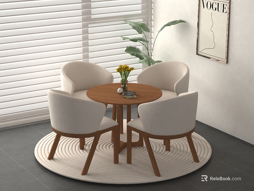 Cozy Space With Round Wooden Table And Beige Chairs Blinds Green Plant And Vogue Poster 3d model 